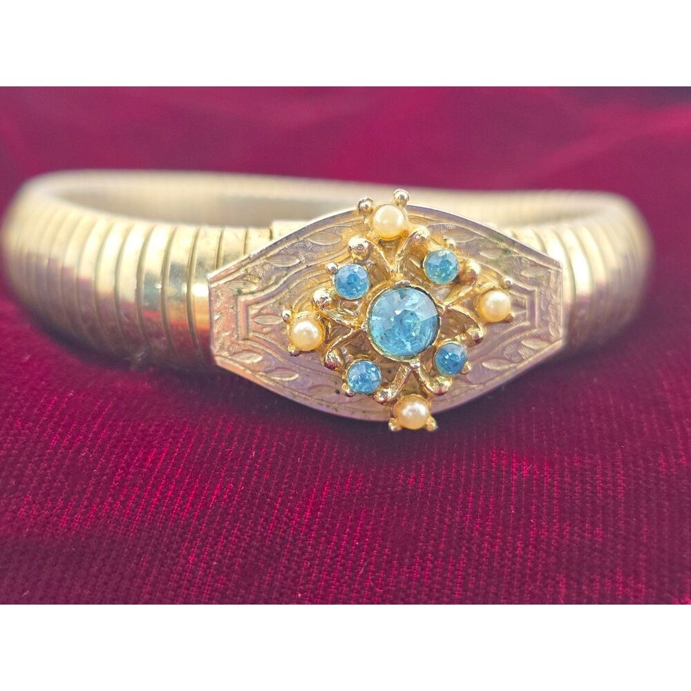 Vintage Sweetheart Expansion Bracelet 10K Plate Blue Glass Rhinestone Pearls